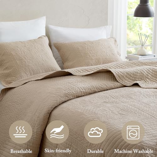 Image of Madison Park Cottage Damask Coverlet Set, 3 PC Full /Queen Quilt Set | Scallop Edge, All Season Oversized Bedding with Pre-washed Cotton-Filled Quilt, Shams, Khaki