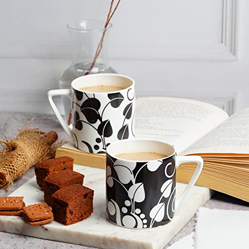 Image of Dandy Lines Puja Black and White Leaf Coffee Mugs, Eco-Ceramic, Pack of 6, Microwave & Dishwasher Safe, Great for Home Use & Gifting