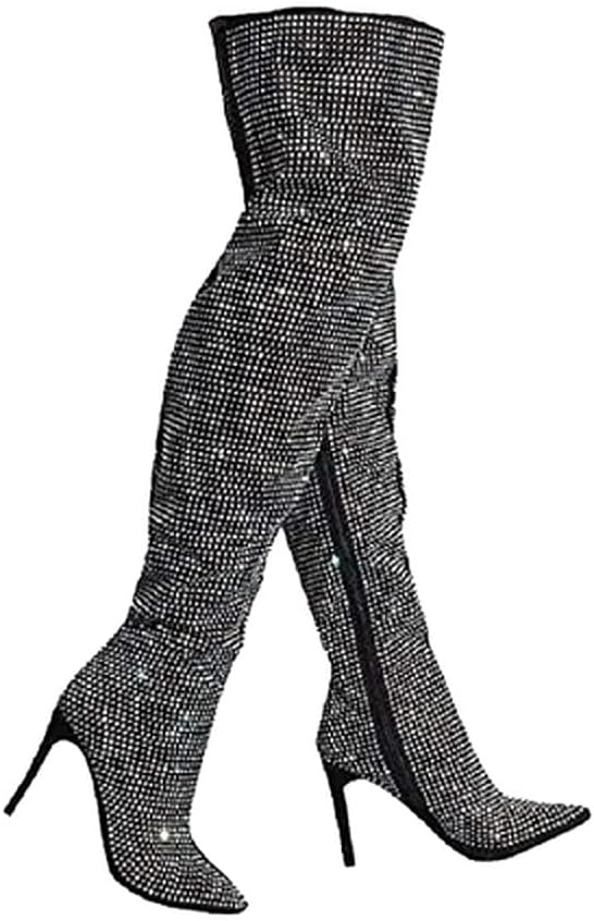 Anne Michelle Women's All Over Diamond Rhinestone Stripe Front Slouchy Thigh High Stiletto Boots