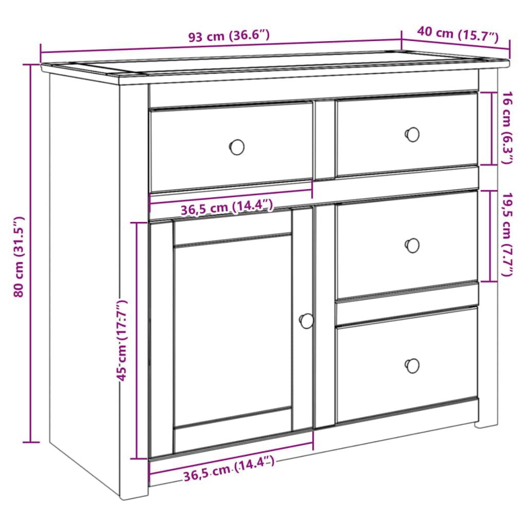 Panama Buffet avec tiroirs en bois massif de pin 93 x 40 x 80 cm