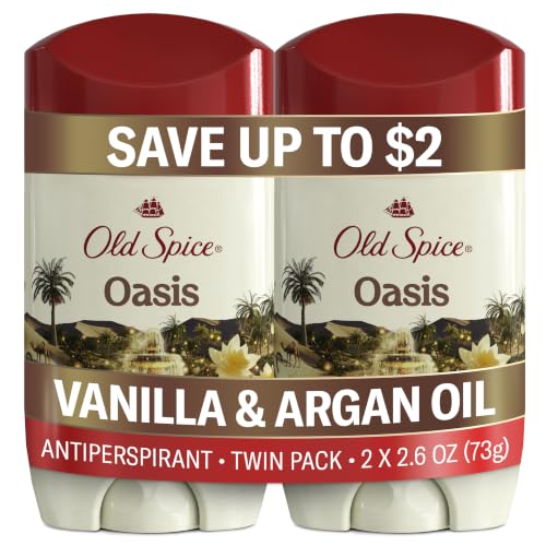 Old Spice Dry Feel Antiperspirant Deodorant for Men, 24/7 Freshness, 24/7 Sweat &amp; Odor Protection, Gentle on Skin with Skin Conditioners, Oasis with Vanilla + Argan Oil Scent, 2.6 oz (Pack of 2)