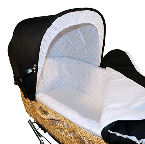 EICHHORN Weidenkorb Kinderwagen, Korb Natur, Stoff Schwarz - große Liegefläche, weich gefedert, inklusive Matratze und Regenschutzbezug