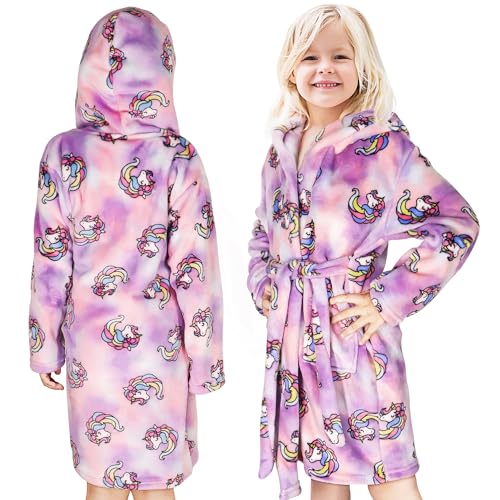 Baogaier Bademantel Kinder Mädchen mit Kapuze, Morgenmantel Flanell Lila Einhorn Nachtwäsche Bathrobe Lange Ärmel Weiche Schlafoveralls Pyjama Taillengürtel Gr.104-110