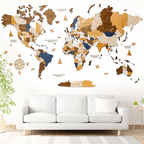 WOW WOOD Mapa-múndi de madeira 3D para parede em espanhol | sem berbequim com adesivos, palmilhas e pinos | arte mural para casa ou escritório