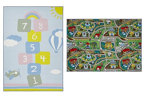 andiamo Spielmatte Kinderteppich Wendeteppich mit Straßen und Hüpfkästchen Motiv, 133 x 190 cm