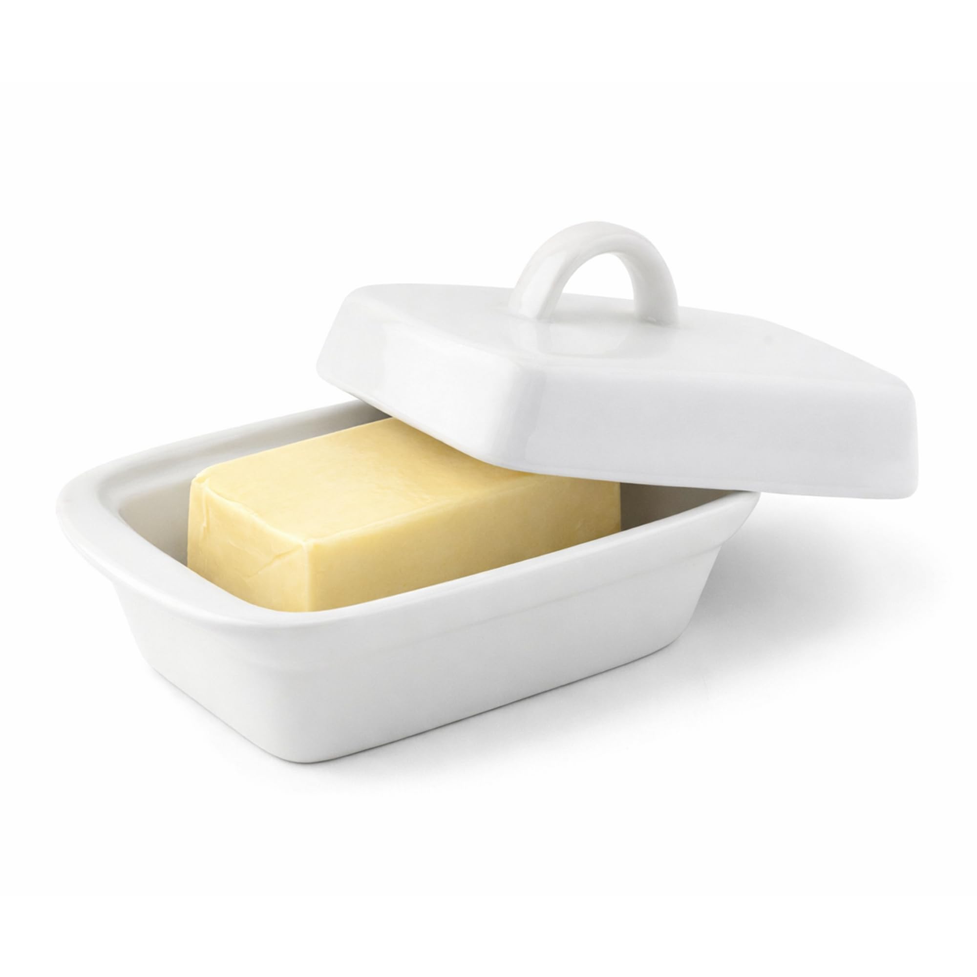 Deep Ceramic Butter Dish with Lid – 17.5L X 9W X 11.5H (cm) Large Butter Container with Handle, Fits UK Butter Blocks, Thick Heavy Porcelain Butter Keeper for Fridge or Countertop White