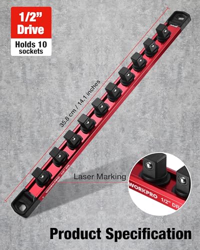 Image of WORKPRO Magnetic Socket Organizer, 1 /2 inch Drive Aluminum Alloy Socket Holder with 10 PC Removable Socket Clips for Quick Customization, Socket Rail for Tool Box Drawer (Sockets Not Included)