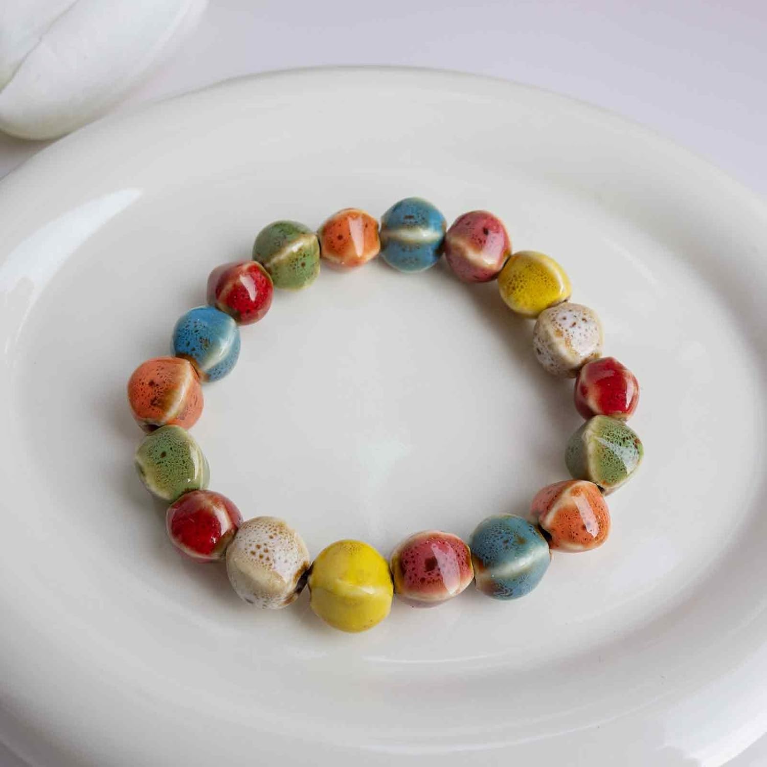 Handmade Multi-Color Faceted Ceramic Beads Bracelet for Women, Boho Stretch Bracelet with Oval Colorful Glazed Beads, Adjustable Bohemian Jewelry Gift for Mom Wife - Image 2