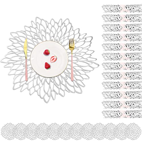 Lot de 24 Sets de Table et Dessous de Verre métalliques en Vinyle pressé, napperons évidés métalliques en Feuille d'argent, Tapis de Table de Mariage Ronds en PVC pour décor de Cuisine