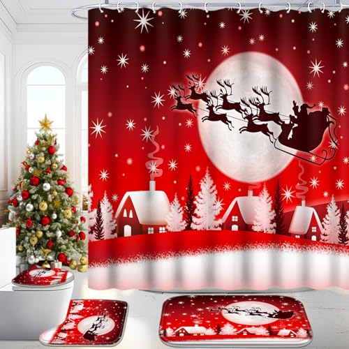 Poedist Christmas Bathroom Set Decor Christmas Shower Curtain Sets with Rugs(Bath Mat U Shape & Toilet Lid Cover Mat) with 12 Hooks Red Reindeer