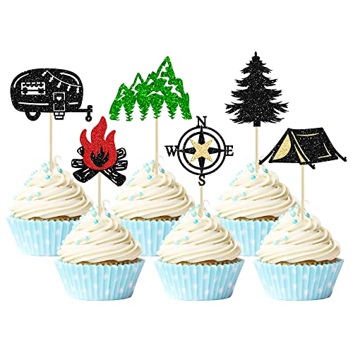 24Pcs Happy Camper Cupcake Toppers Glitter Tree Campfire Tent Car Camping Cupcake Picks For Weekend Outdoor Camper Woodland Lumberjack Theme Birthday Party Cake Decorations Supplies #TOP10