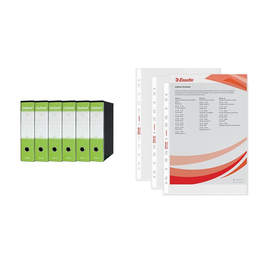 Set Esselte OXFORD G85 6x Registratore con Custodia, f.to Protocollo (23x33cm), Dorso 8 cm, Verde lime, 6 pezzi, 390785600 + 100 Buste A4 trasparenti antiriflesso perforate, 395613000