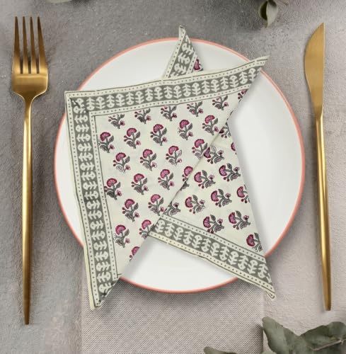 Image of BLOCKS OF INDIA Hand Block Print Cotton Table Napkin Set of 6 (Pink Grey BUTI)