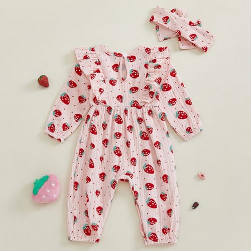 Infant Baby Girls Romper Strawberry Print Bow Long Sleeve Ruffle Full Length Jumpsuit Cute Headband 2Pcs Sets3