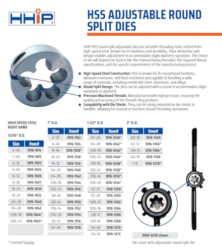 HHIP 1016-1158 1/2-20 (1 Inch OD) Adjustable Round Split Die - Thumbnail 2