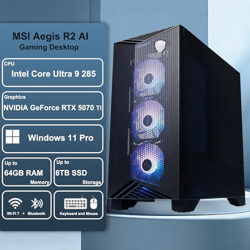 Image of msi Aegis R2 AI 2nd Gaming AI Desktop Intel 24-core Ultra 9 285 64GB RAM 8TB SSD GeForce RTX 5070 Ti 16GB (Up to 1406 Tops) 5Gb LAN Wi-Fi7 RGB CPU Air Fan Cooler 80+ Gold PSU Win11Pro w /ICP Accessory