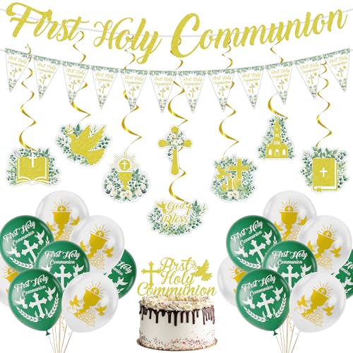 First Holy Communion Decorations Green White Gold Banner Bunting Hanging Swirls Balloons Cake Topper for Christening and Religious Party Supplies