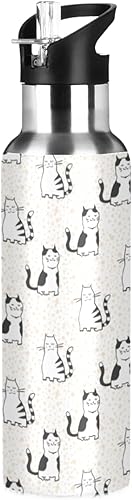 Botella de agua aislada con pajilla, frasco de acero inoxidable con diseño de gato lindo de dibujos animados para deportes, ciclismo, senderismo,