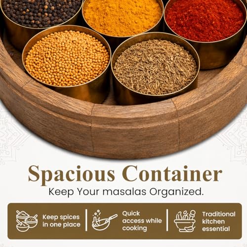 Image of SYPHER Wooden Masala Box with 7 Containers (120 ml Each) | Acacia Wood Masala Dabba for Kitchen | Traditional Indian Spice Box Organizer | Multipurpose Storage | Gift for Wedding & Housewarming