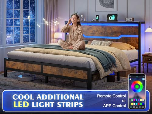 Image of Homkdom King Size Bed Frame with USB Ports & LED Lights, Headboard Shelf, Heavy Duty Metal Platform with 10.24 inch Underbed Storage, Noise-Free Slats, No Box Spring Needed, Modern Brown