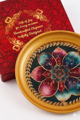 Image of R Ayurveda Copper Mandala Metal Tray - 6 Inch Decorative Round Platter for Wedding & Birthday Gifts - Artistic Handcrafted Design Gold Finish Gold Foiling for Home Decor with Printed Gift Box