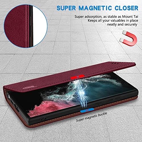 Image of ZZXX for Samsung Galaxy S22 Ultra Wallet Case with [RFID Blocking] Card Slot Stand Strong Magnetic Leather Flip Fold Protective Phone Case for Samsung Galaxy S22 Ultra Case Wallet(Wine Red-6.8 inch)
