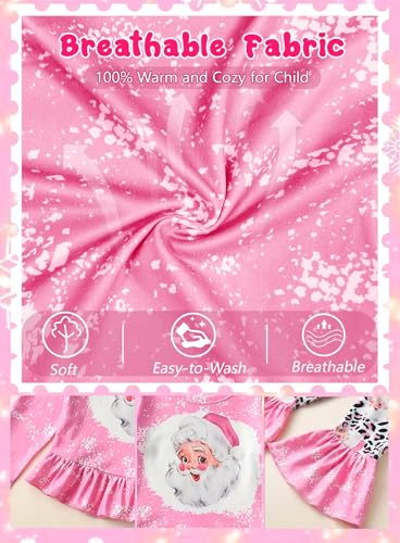 Image of Toddler Little Girl Christmas Outfit - Pink Santa Claus Clothes Long Sleeve Ruffle Top Leopard Print Flare Pant Set