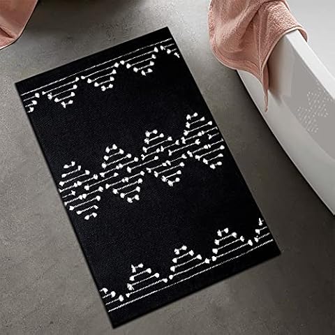 McEu Kleiner Teppich 60x90 cm, Boho Schwarz und Weiß Badematte, Waschbarer Baumwolle Teppich Innen Fußmatte mit Handgewebter Jacquard für Badezimmer Wohnzimmer Schlafzimmer Küche Eingangsbereich Cover