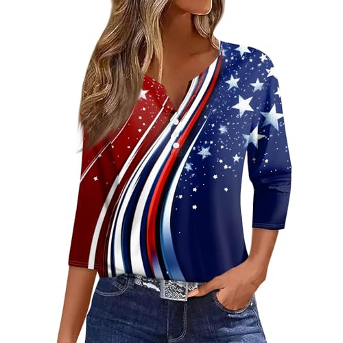Image of 4th of July Shirts Women 3 /4 Length Sleeve Womens Tops Henley Neck Casual Patriotic T Shirts