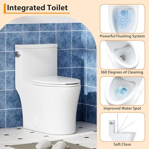 Image of One-Piece Toilet for Bathroom, Comfort Height 16 inch, Elongated with Under-Locking Lid, Soft Close Seat, Dual Flush, Powerful Flush