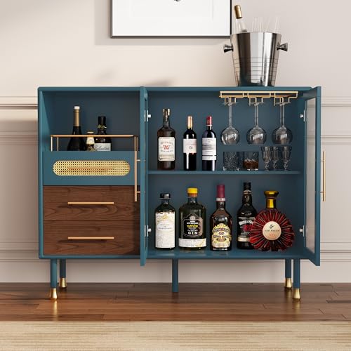 Image of ARTPOWER 48 inch Coffee Bar Cabinet with Wine Racks and Drawers, Modern Buffet Sideboard with Pull-Out Wine Storage, Liquor Bar Cart for Kitchen, Dining Room, Living Room (Blue)