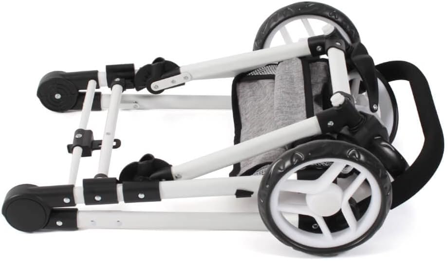 The doll stroller frame folded flat for compact storage or transport.