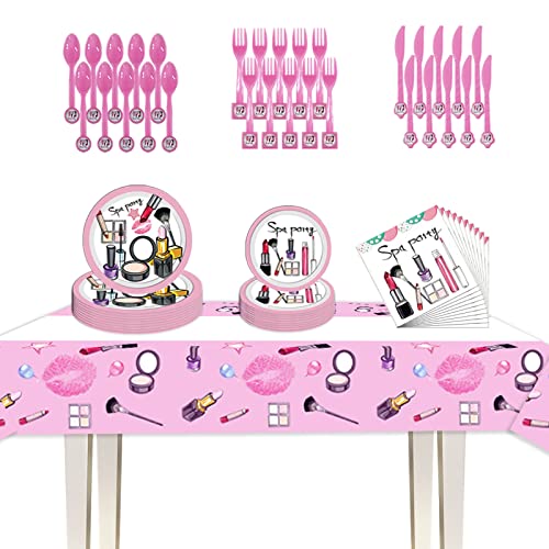 71Pcs Spa Salon Makeup Birthday Party Tableware Kit 9" Paper Plates 7" Plates Napkins Forks Knives Spoons Plastic Disposable Rectangle Table Cover For Girls Teens Spa Makeup Birthday Party Decorations #TOP7