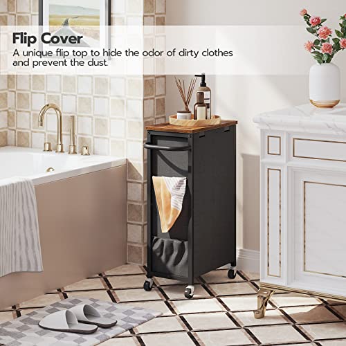 Hoobro Rolling Slim Laundry Basket With Lid, Laundry Hamper With Wheels, Laundry Sorter With Side Pockets And Handle, Oxford Fabric Bag, Space-Saving, Rustic Brown And Black Bf24Xy01 #TOP5