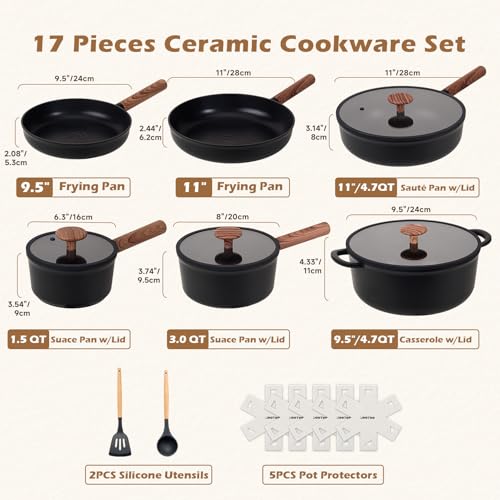 JEETEE Ceramic Cookware Sets 17 pcs, Healthy Pots and Pans Set Non Stick, Induction Kitchen Cooking Set with Removable Handles, Stackable Pots Pans, Oven Safe, PFOA/PFOS Free, Black - Image 3