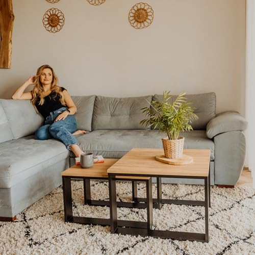 Lehmann Table Basse en Bois, Set de 2 Tables en 2 Tailles, Salon, carrée pour canapé avec piètement Noir et Plateau en Bois, Set de Table d'appoint pour Le Salon – Image 4