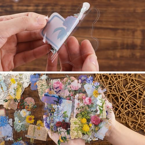 Lychii Die Cut Scrapbooking Stickers, 180 Pcs Vintage Plants Flowers Decorative Stickers, Hot Stamping PVC Self Adhesive Decals for Album, Crafts, Calendar, Planner