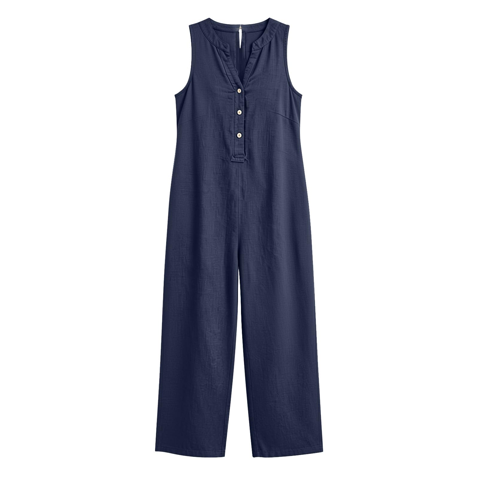 Tuta estiva da donna, in lino, senza maniche, con tasche | Tuta con pantaloni a gamba larga, elegante scollo a V, tuta intera in mussola, casual, per le vacanze