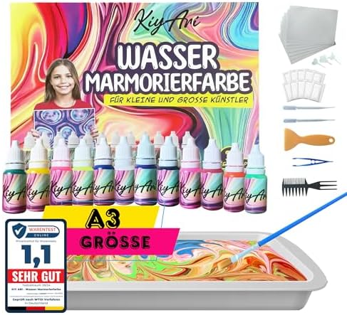 KIYARI Wassermarmorierfarben Set, Malset für Kinder mit 10 A3 Blättern | Wassermarmorierfarben Set, Kreatives Malset für Kinder, Sichere Marmorierfarbe, DIY Bastelset für Jungen, M
