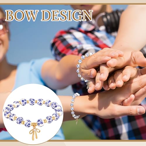 6 Pieces Beads Bow Charm Bracelet Set for Women Flower Vintage Stretch Bracelet Handmade Dainty Bow Pendant Gift for Women4