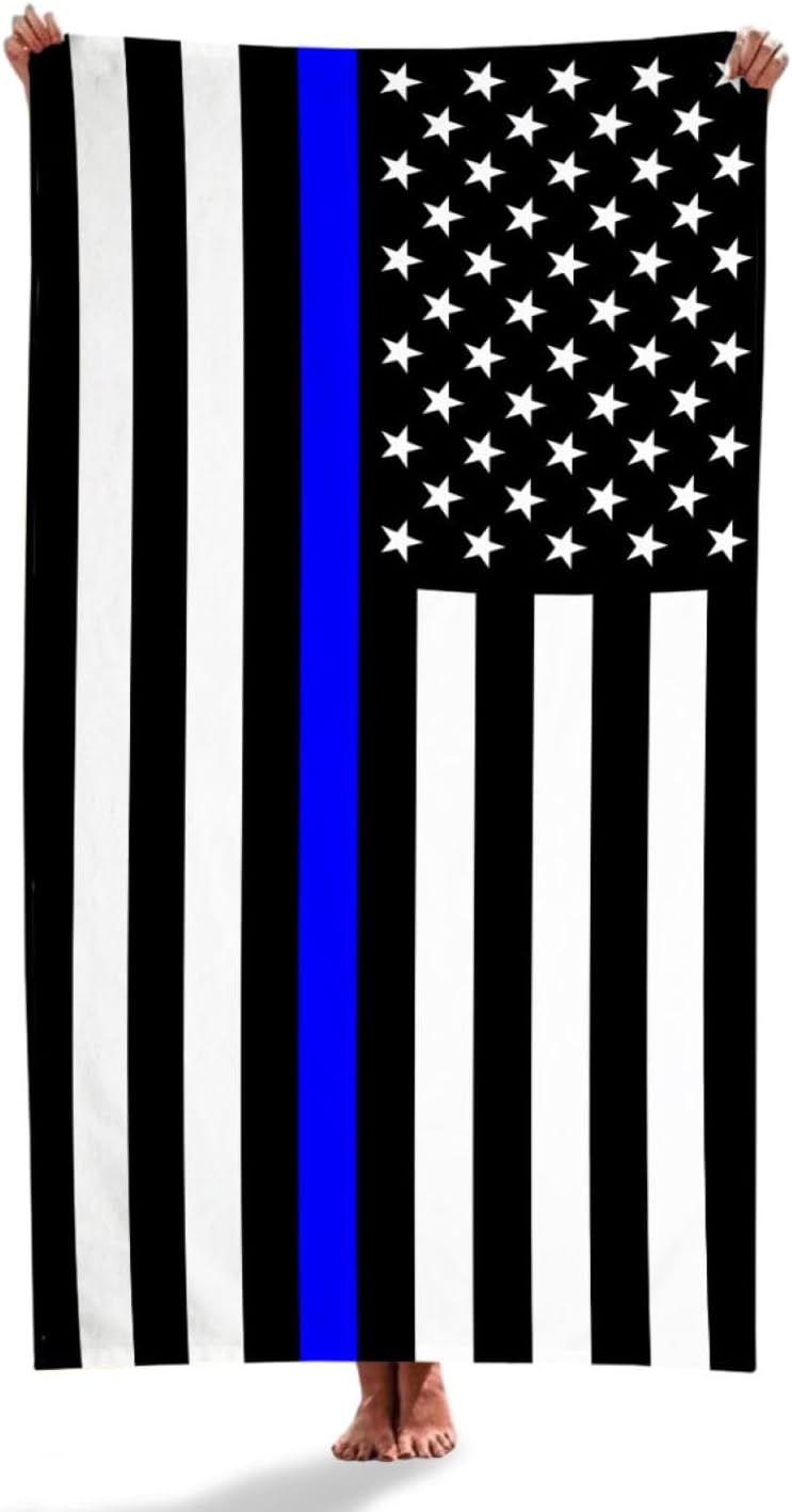 FrameStory Thin Blue Line Police Beach Towel, Honor Law Enforcement, Super Soft Silk Touch, Velour Beach Towel; 30" x 60", 1-Sided Printing, Printed in The USA