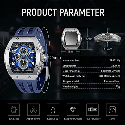 Image of Tsar Bomba Mens Watches Quartz Wristwatch for Men Waterproof 50M Analog Luxury Tonneau Chronograph Calendar Date Men's Dress Business Work Watch Gift for Men