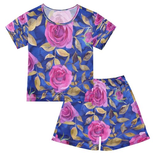 senya Short Sleeve Pajamas Sets Summer Cotton Sleepwear Bright Pink Roses