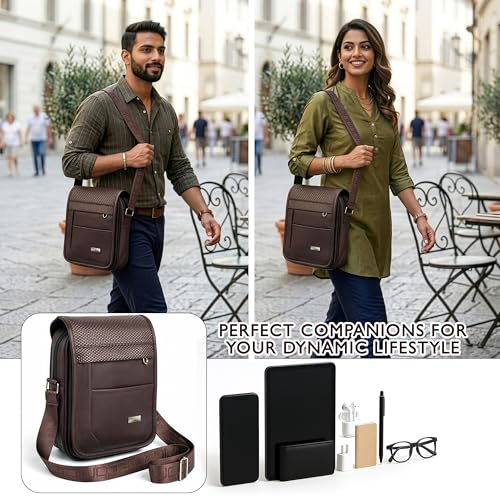 Image of Storite PU Leather Messenger Bag, Dark Brown, 20.5x6x30 cm