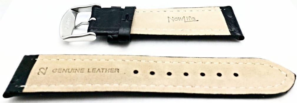 NewLife 22mm Black Genuine Leather Watchband | Beautiful Ostrich Grain, Medium Padded Replacement Wrist Watchstrap That Brings to Any Watch (Mens Standard Length)