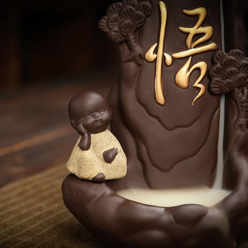 Quemador de Incienso de reflujo de Arena Morada, Quemador de Incienso de reflujo de Madera de agar Little Monk, Quemador Creativo de aromaterapia (11,7 x 8,2 x 15,5 cm)