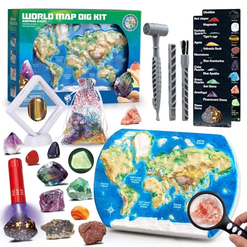 World Map Gemstone Dig Kit for Kids Ages 6+ Educational Rock and Mineral Excavation Toy STEM Science Fossil Digging Set Interactive Gemstone Collection Activity Gift for Boys & Girls