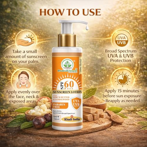 Image of Khadi Sunscreen SPF 60 Lotion with Kokum Butter & Sandalwood for Men & Women By Bhudevam Naturals | Broad Spectrum UVA & UVB Protection | Lightweight, Non-Sticky & Hydrating Formula For All Skin Types - 100ML