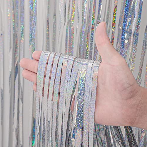 Image of Voircoloria 4 Pack Laser Silver Foil Fringe Backdrop Curtains, Tinsel Streamers Birthday Party Decorations, Fringe Backdrop for Graduation, Baby Shower, Gender Reveal, Disco Party