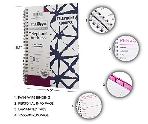 Planahead See It Bigger Telephone/Address Book; Large Print With Tabbed Pages (Blue Shibori - Images May Vary) #TOP2
